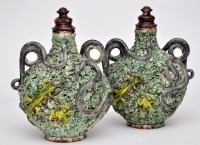 Lot 491 - Pair of Palissy ware bottle flasks and...