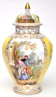 Lot 495 - Dresden canary yellow ground pear-shaped vase...