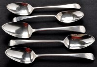 Lot 669 - Five George III tablespoons, various dates and...