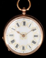 Lot 811 - A Swiss 9K key wind fob watch, with decorative...