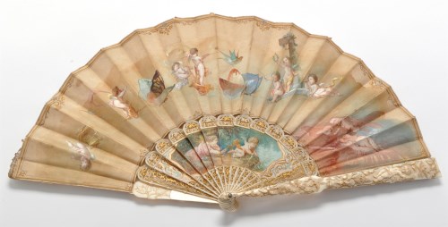 Lot 995 - A French carved ivory and painted silk fan, by...