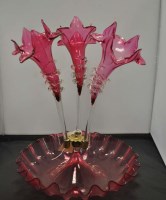 Lot 266 - A Cranberry glass epergne, with three...