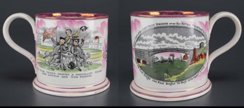 Lot 373 - A pink lustre and enamelled tankard, printed...