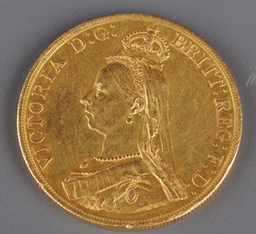 Lot 739 - A Victorian gold five pound coin, 1887.