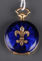 Lot 771 - A Swiss 18k enamelled and diamond fob watch,...