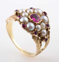 Lot 787 - A ruby, pearl and gold ring, c.1840, the...