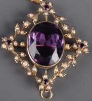 Lot 801 - An amethyst and pearl pendant, circa 1890, the...