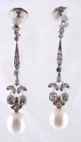 Lot 908 - A pair of cultured pearl and diamond earrings...