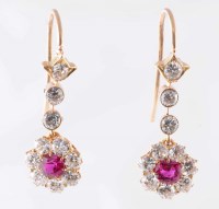 Lot 916 - A pair of ruby and diamond earrings, c.1890,...