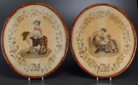 Lot 1038 - A pair of 19th Century oval silk work pictures,...