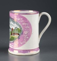 Lot 278 - A Sunderland pink lustre frog mug, printed...