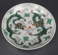 Lot 306 - A saucer dish, painted with two green dragon...