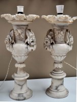 Lot 514 - A pair of carved alabaster table lamps,...