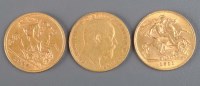 Lot 744 - Three Edwardian/George V gold half sovereigns,...