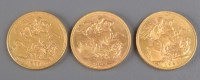 Lot 747 - Three Victorian/George V gold sovereigns, 1876,...