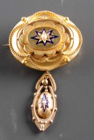 Lot 784 - An enamel, gold and pearl brooch, c.1870, the...