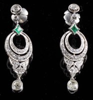 Lot 882 - A pair of emerald and diamond earrings, c.1910,...