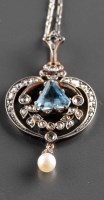 Lot 904 - A diamond, pearl and aquamarine pendant,...