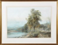 Lot 120 - Albert Pollitt Trees by a river with a cottage...