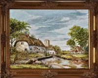 Lot 129 - Leonard Pollitt Thatched cottages by a river...