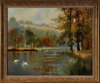 Lot 161 - F*** E*** Foster Swans on a lake signed oil on...