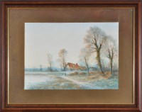 Lot 101 - William Baker - Thatched cottages among autumn...