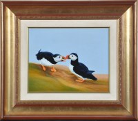 Lot 214 - Patrick Underhill - Two puffins, signed, oil...