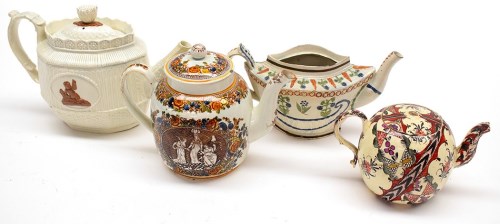 Lot 82 - Four teapots, to include: a pearlware teapot,...
