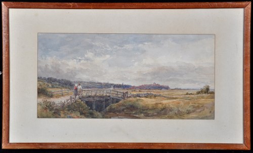Lot 53 - David Law - a fenland scene of figures on a...