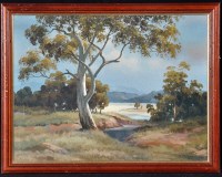 Lot 168 - D*** Teague - trees by a river with mountains...
