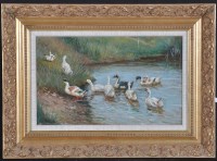 Lot 759 - John Valentine - study of ducks on a pond bank,...