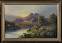 Lot 772 - Joel Owen - sunset over a loch with an angler...