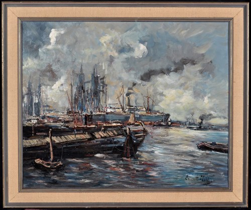 Lot 187 - Evert Moll (Dutch 1878-1955) A busy harbour...