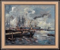 Lot 187 - Evert Moll (Dutch 1878-1955) A busy harbour...