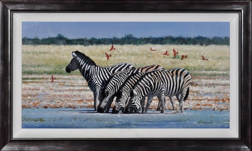 Lot 208 - Pip McGarry (1955- ) Zebras at a riverbank,...