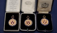 Lot 287 - Three 9ct. yellow gold and enamel medals for...