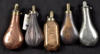 Lot 365 - Five 19th Century powder flasks: four copper...