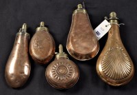 Lot 367 - Five 19th Century copper powder flasks: one...