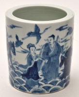 Lot 584 - Chinese blue and white brush pot, with figures...
