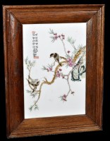 Lot 585 - Chinese Famille Rose panel, with birds perched...