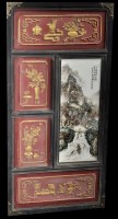 Lot 598 - Chinese lacquered and porcelain mounted panel,...
