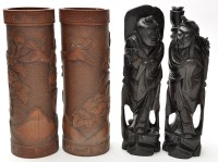 Lot 604 - Pair Chinese carved bamboo vases, with birds...