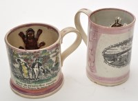 Lot 629 - Two printed lustre pearlware frog mugs of...