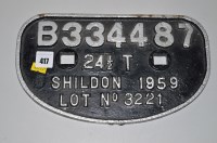 Lot 417 - A mid 20th Century engine plate B334487, for a...