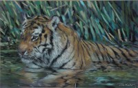 Lot 1558 - Joel Kirk - a tiger in a reed pond, signed,...