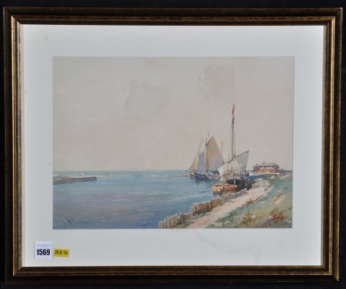 Lot 1569 - William Knox - sailing barges at moorings,...