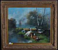 Lot 1746 - Artist Unknown - ducks at a riverbank, oil on...