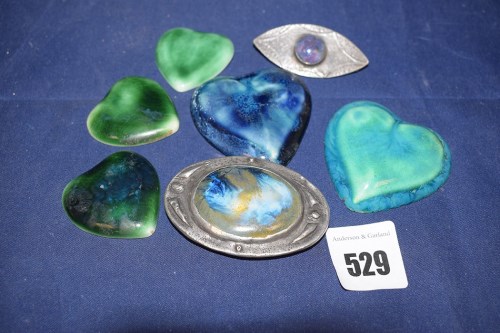 Lot 529 - Five turquoise heart shaped ceramic cabouchon,...