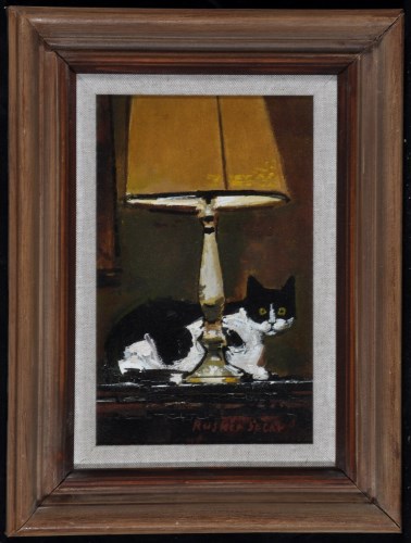 Lot 1304 - Ruskin Spear, RA - cat with table lamp, signed,...