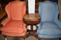 Lot 623 - A pair of Georgian style wing back armchairs...